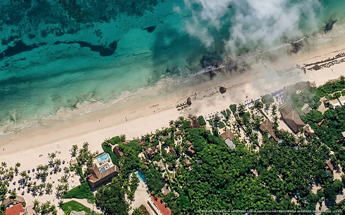 Illustrazione aerea di Playa Esperanza Tulum Hotel, Tulum (spiaggia Playa Esperanza), Caraibi messicani