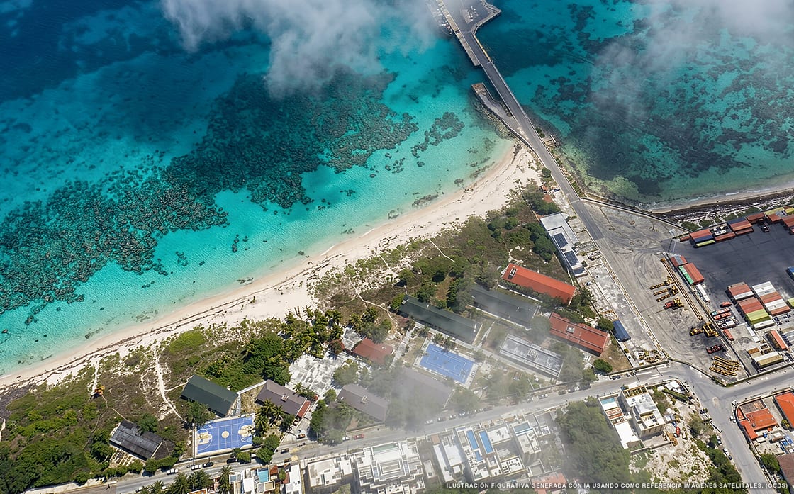 Illustrazione aerea di Porto Blu, Puerto Morelos (spiaggia Puerto Morelos Centro), Caraibi messicani