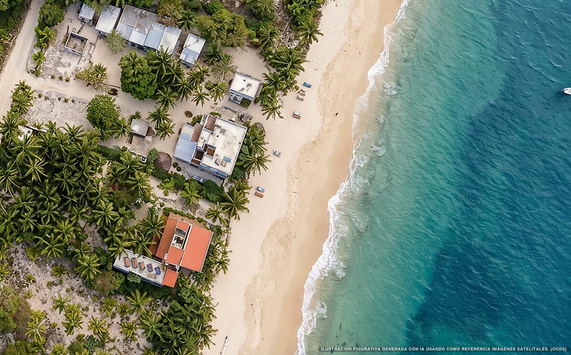 Illustration aérienne de Pronoia Casa de Playa, Mahahual (plage Playa El Placer), Caraïbes mexicaines