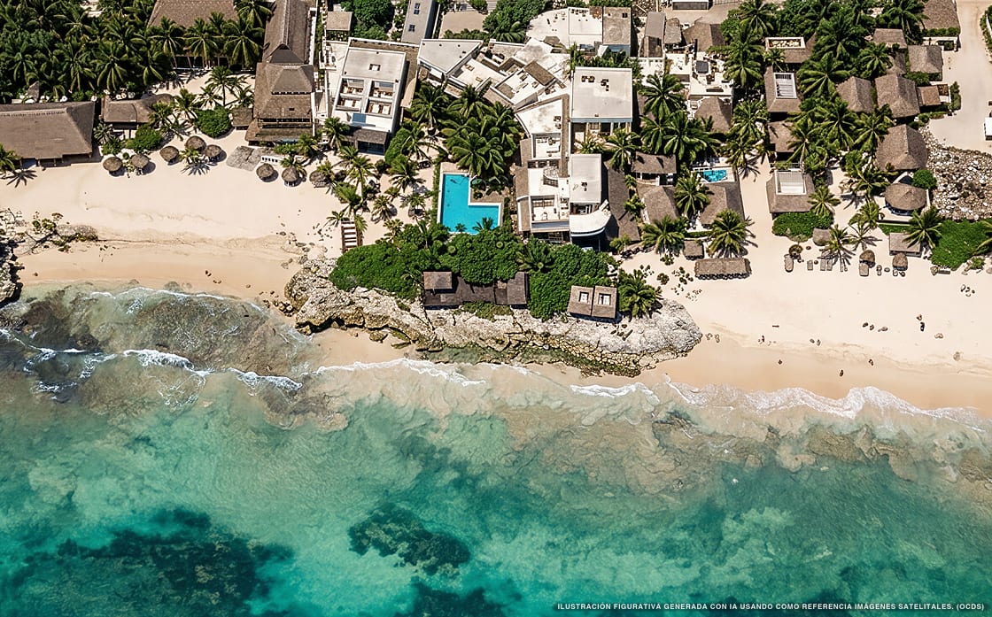 Illustrazione aerea di Punta Piedra Beach Posada, Tulum (spiaggia Venado Azul), Caraibi messicani