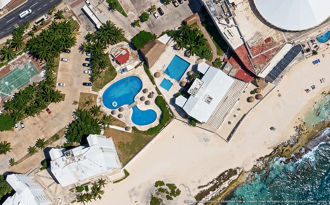Illustrazione aerea di Salvia Cancún Aparts, Isla Mujeres (spiaggia Playa Gaviota Azul), Caraibi messicani