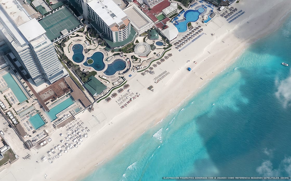 Ilustración aérea de Sandos Cancún, Cancún (playa Playa Ballenas), Caribe Mexicano