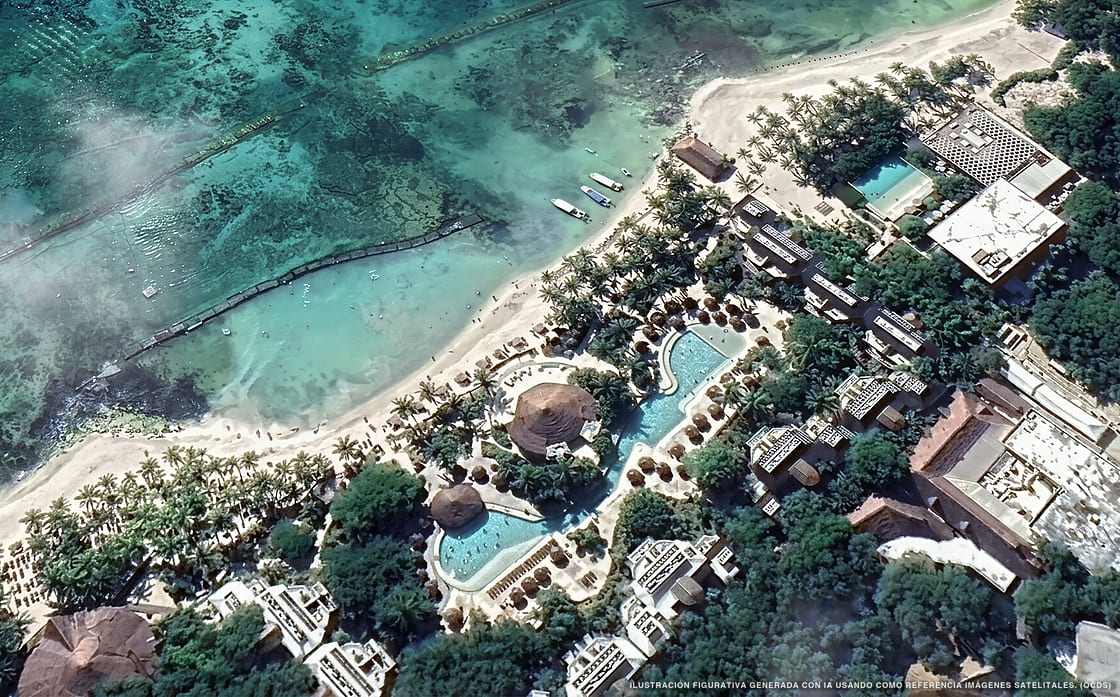 Illustration aérienne de Sandos Caracol Nature Resort & Water Park, Playa del Carmen (plage Punta Xcalacoco), Caraïbes mexicaines