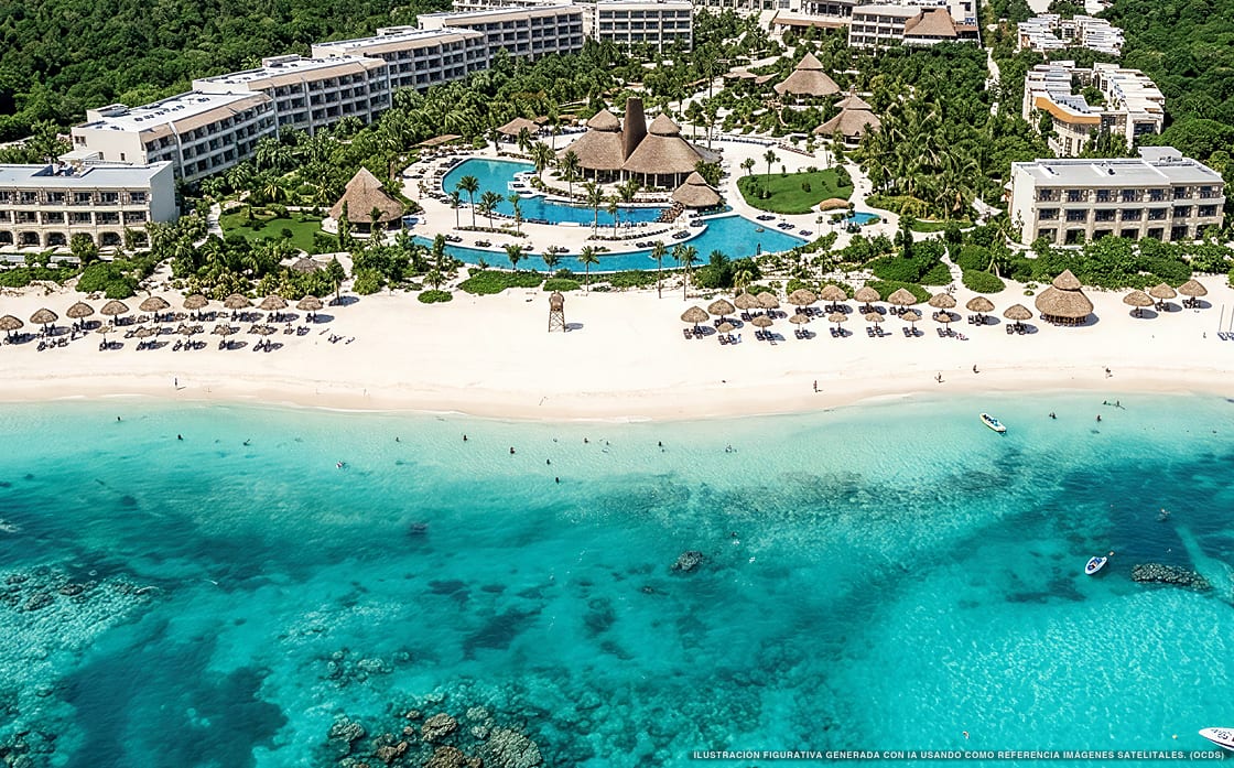 Illustration aérienne de Secrets Maroma Beach Riviera Cancún, Puerto Morelos (plage Punta Maroma), Caraïbes mexicaines