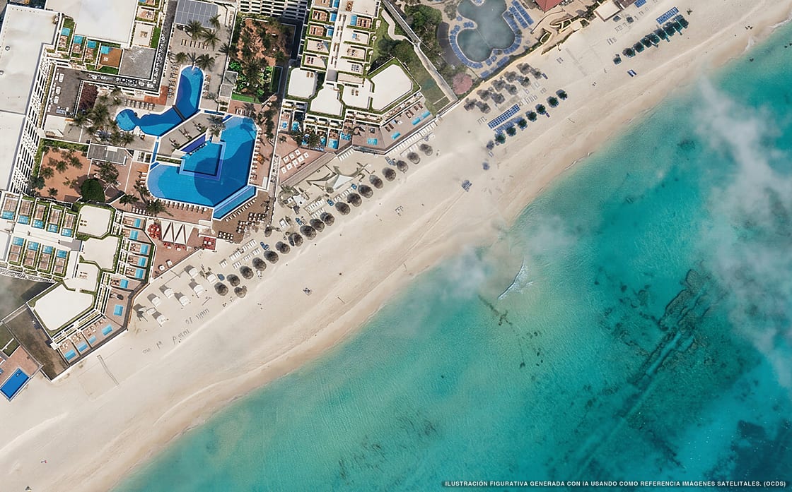 Illustration aérienne de Secrets Mirabel Cancún Resort & Spa, Cancún (plage Playa Delfines), Caraïbes mexicaines