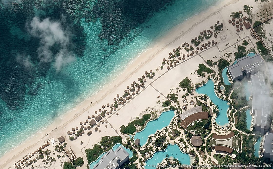 Ilustración aérea de Secrets Playa Blanca Costa Mujeres, Isla Mujeres (playa Playa Mujeres), Caribe Mexicano