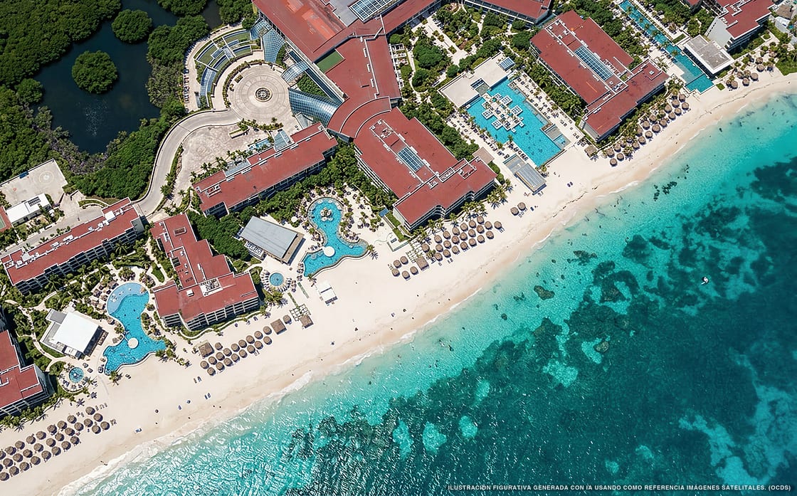 Ilustración aérea de Secrets Riviera Cancún, Puerto Morelos (playa Punta Caracol), Caribe Mexicano