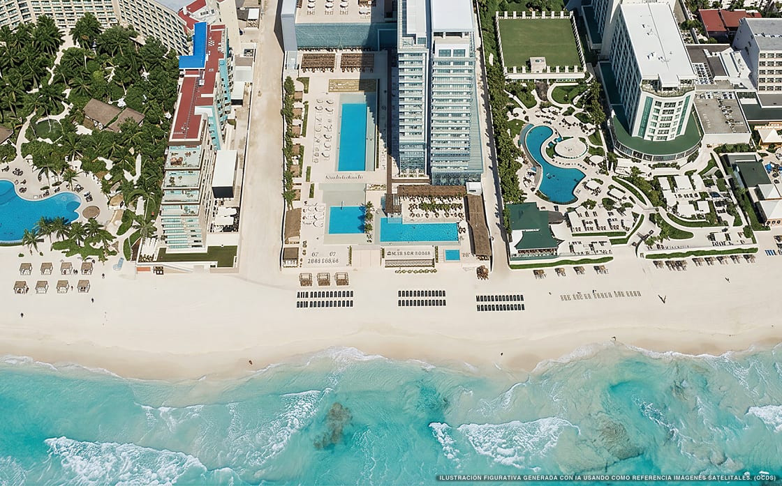 Illustration aérienne de Secrets The Vine Cancún, Cancún (plage Playa Ballenas), Caraïbes mexicaines