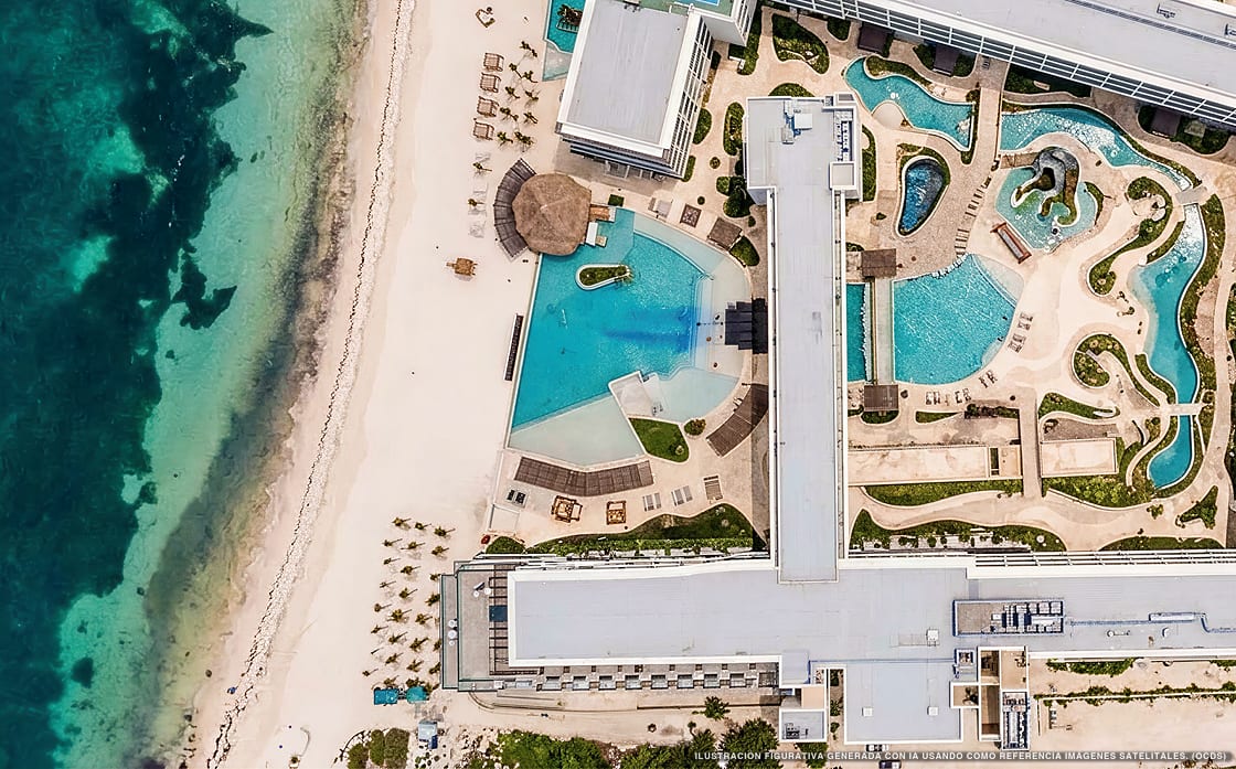 Ilustración aérea de Sensira Resort, Puerto Morelos (playa Bahia Petempich), Caribe Mexicano