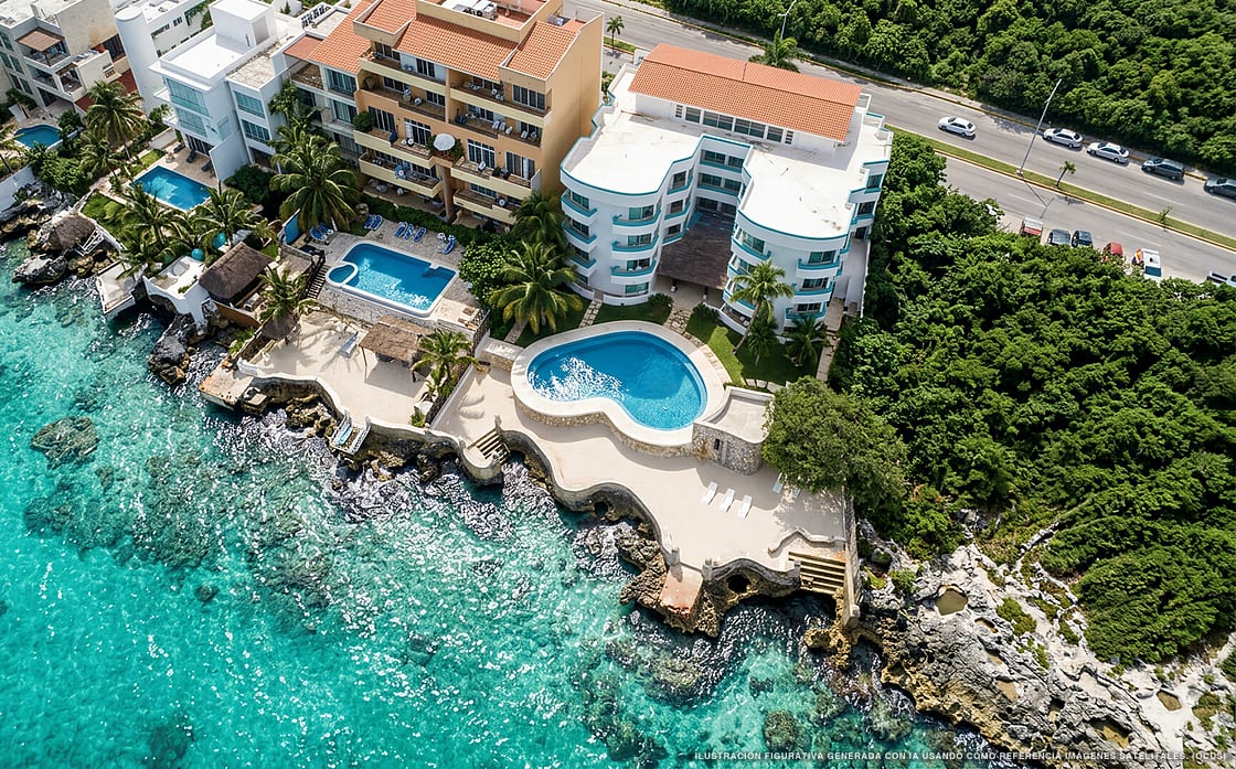 Ilustración aérea de Suites Turquesa, Cozumel (playa Playa Casitas), Caribe Mexicano