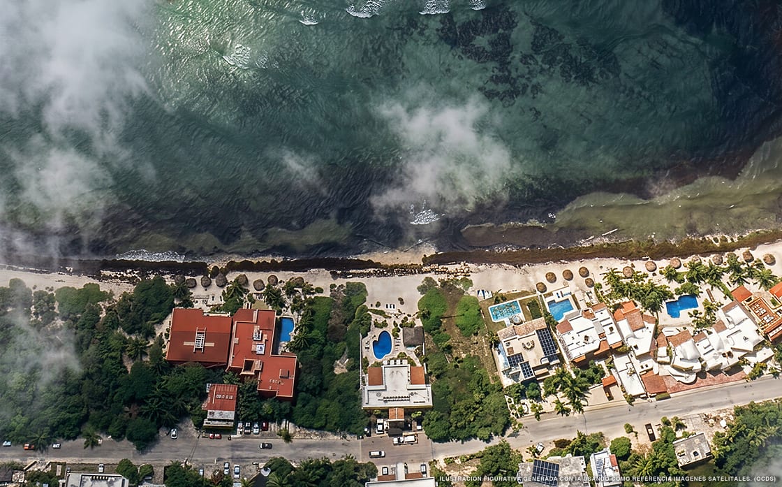 Illustrazione aerea di Tan Ik Beachfront Condos, Akumal (spiaggia Bahia Media Luna), Caraibi messicani