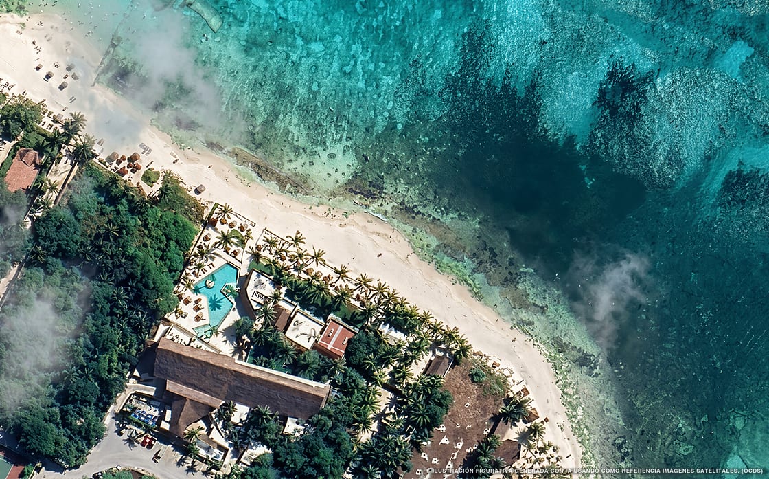 Illustration aérienne de The Beachfront by The Fives Hotels, Playa del Carmen (plage Playa Xcalacoco), Caraïbes mexicaines