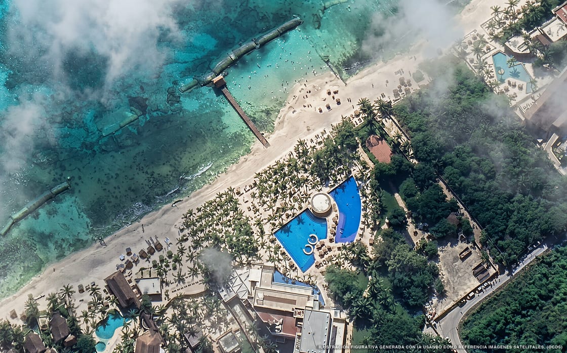 Illustration aérienne de The Fives Beach Hotel, Playa del Carmen (plage Playa Xcalacoco), Caraïbes mexicaines