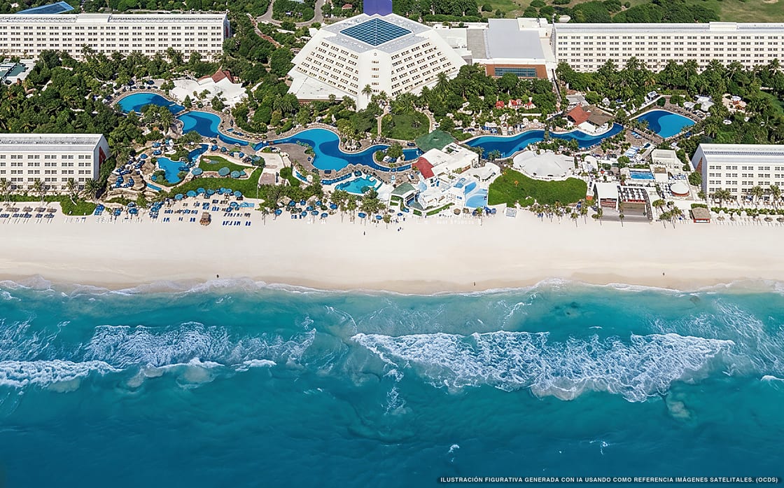 Illustration aérienne de The Grand Oasis Cancún, Cancún (plage Playa Ballenas), Caraïbes mexicaines