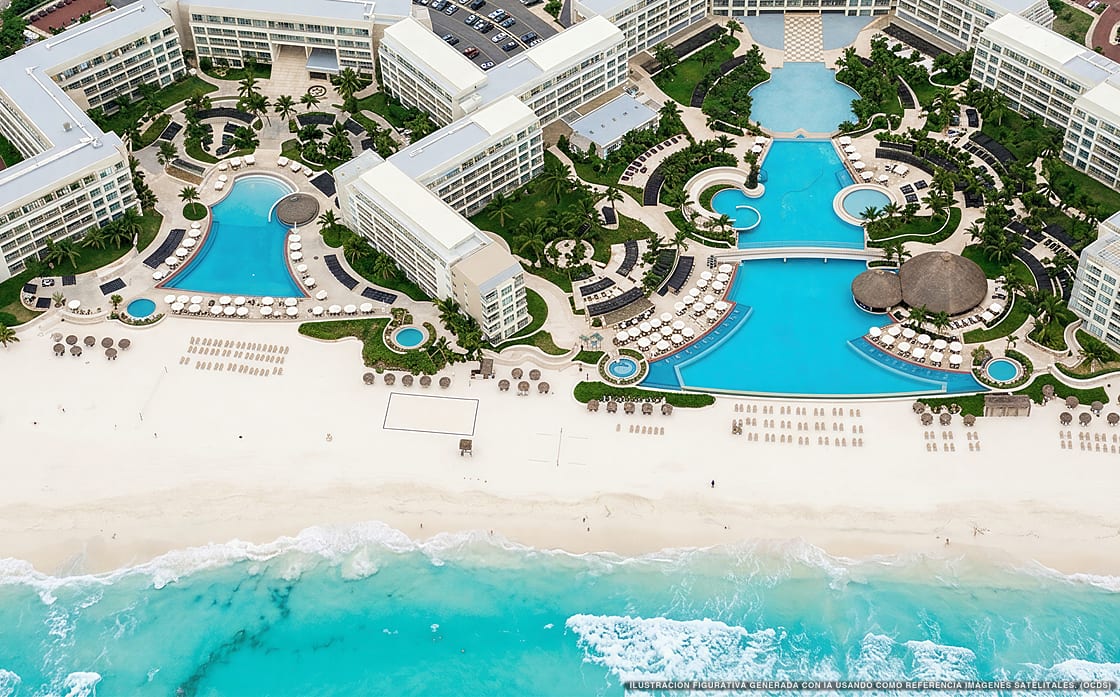 Illustrazione aerea di The Westin Lagunamar Ocean Resort, Cancún (spiaggia Playa Marlin), Caraibi messicani