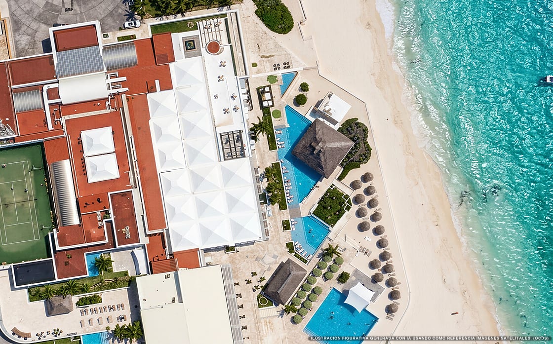 Illustration aérienne de The Westin Resort Cancún, Cancún (plage Playa Delfin), Caraïbes mexicaines