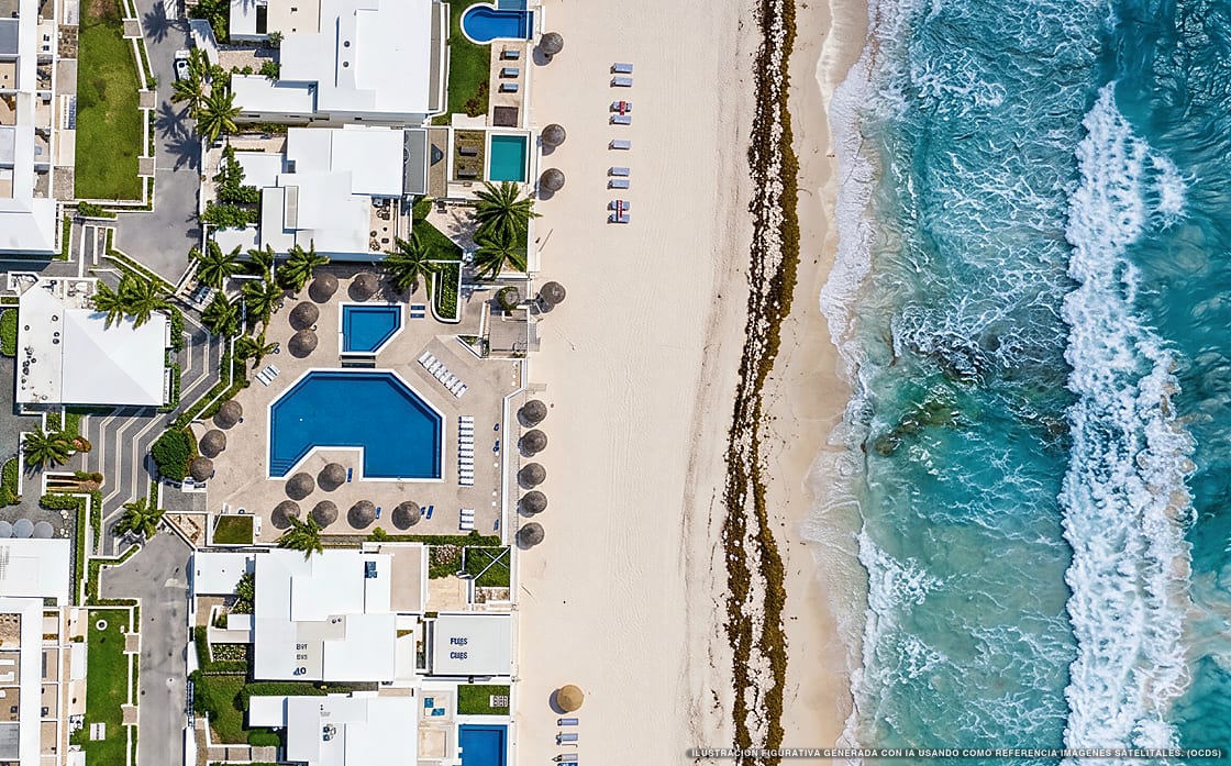 Illustration aérienne de Tuunich Villa Turquesa, Cancún (plage Playa Delfines Sur), Caraïbes mexicaines