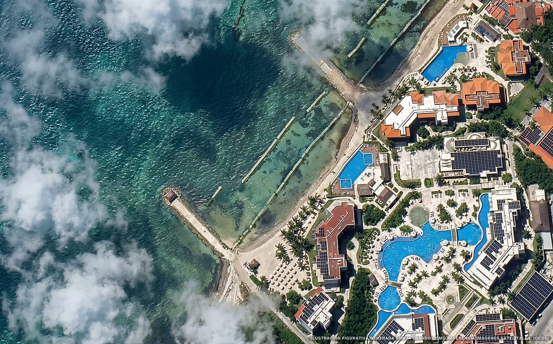Illustration aérienne de Ventus at Marina El Cid Spa & Beach Resort, Puerto Morelos (plage Puerto Morelos Sur), Caraïbes mexicaines