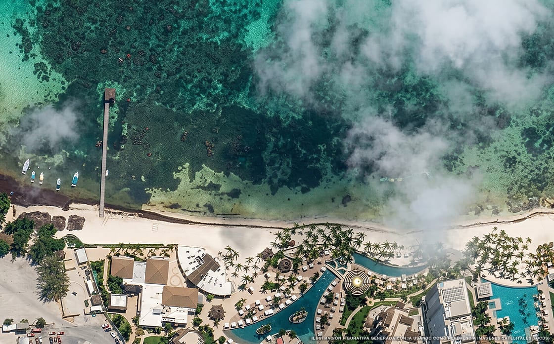 Ilustración aérea de Villa del Palmar Cancún, Isla Mujeres (playa Playa El Palmar), Caribe Mexicano