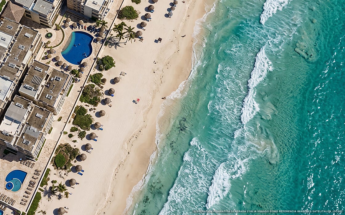 Illustrazione aerea di Villa Marlín, Cancún (spiaggia Playa Marlin), Caraibi messicani
