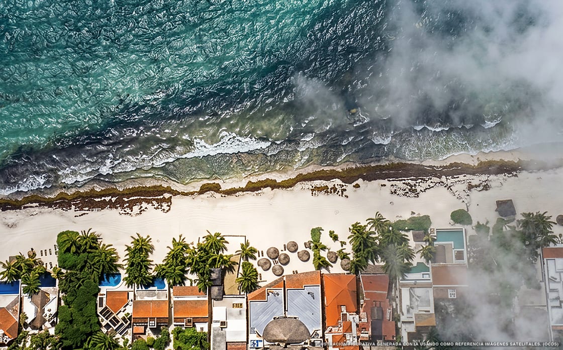 Illustration aérienne de Villas De Rosa Beach Resort, Akumal (plage Playa Aventuras), Caraïbes mexicaines