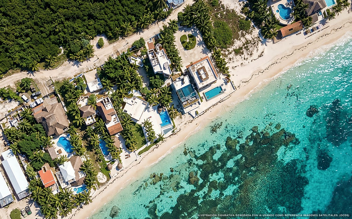 Ilustración aérea de Villas Kaàn, Puerto Morelos (playa Punta Caracol), Caribe Mexicano