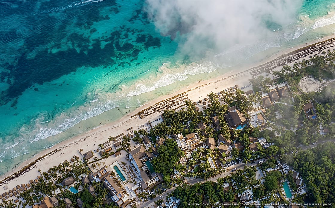 Illustrazione aerea di Xela Tulum, Tulum (spiaggia Playa Del Pueblo), Caraibi messicani