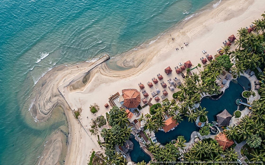 Illustrazione aerea di Zomay Beachfront Hotel Holbox, Holbox (spiaggia Holbox Centro), Caraibi messicani