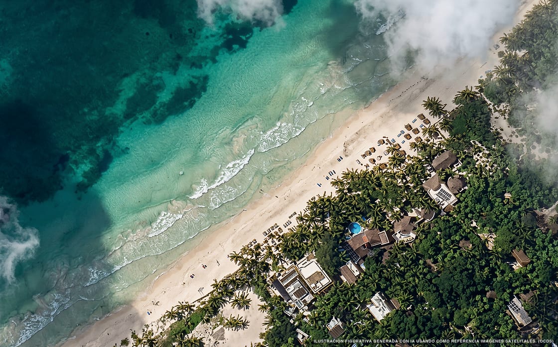 Illustrazione aerea di Zorba Tulum, Tulum (spiaggia Playa Del Pueblo), Caraibi messicani