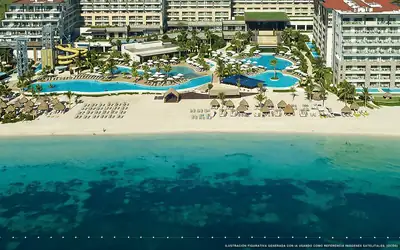 Ilustración aérea de Dreams Natura, Puerto Morelos (playa Riviera Cancun Norte), Caribe Mexicano