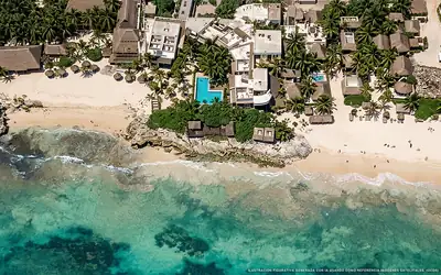 Illustration aérienne de Punta Piedra Beach Posada, Tulum (plage Venado Azul), Caraïbes mexicaines