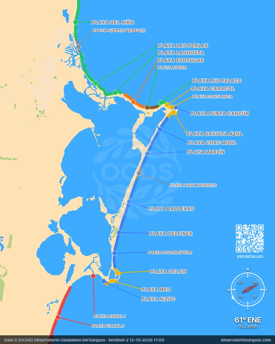 Mappa del sargasso a Cancún, Quintana Roo — 12 ottobre 2026