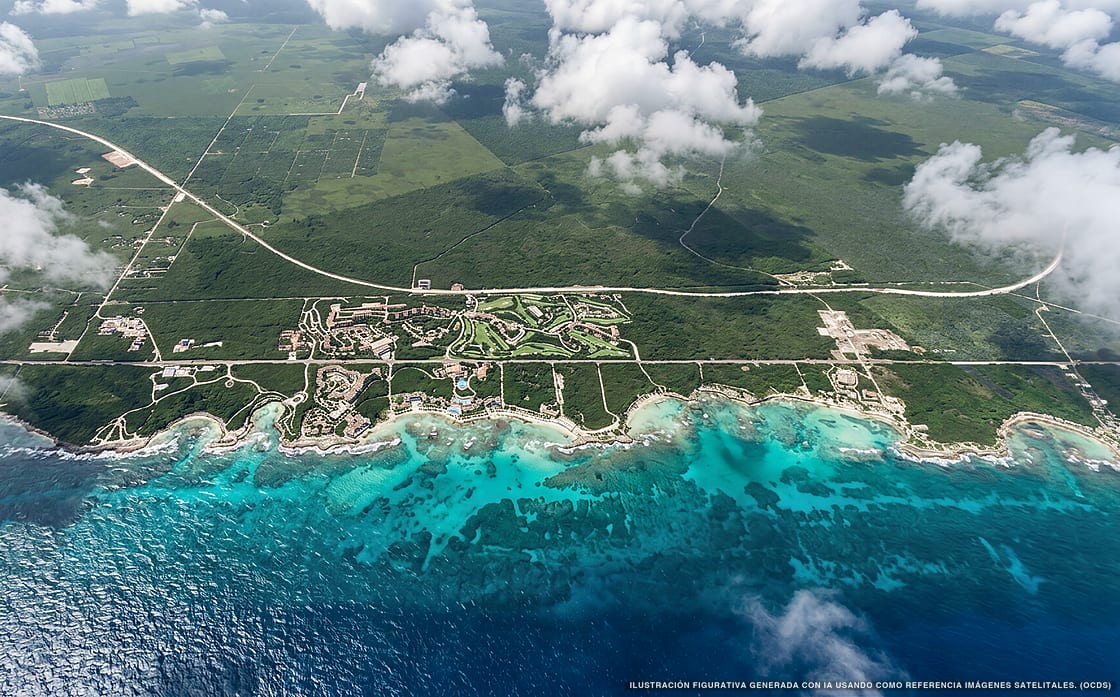 Illustration aérienne de la zone Akumal, Caraïbes mexicaines