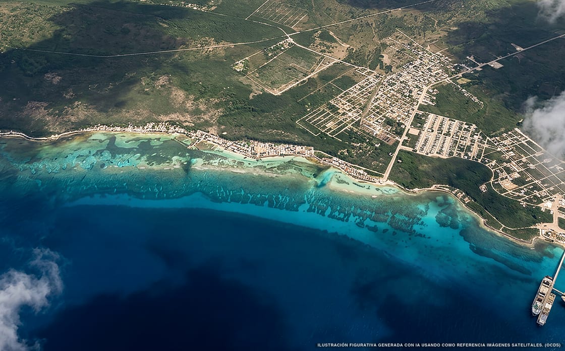 Ilustración aérea de la zona Mahahual, Caribe Mexicano