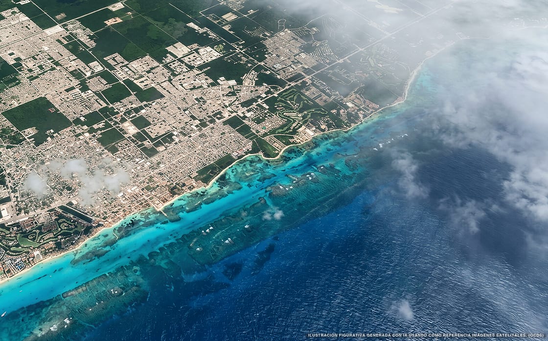 Illustrazione aerea della zona Playa del Carmen, Caraibi messicani