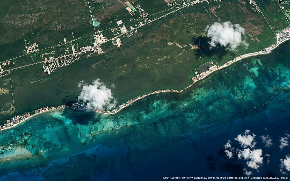 Ilustración aérea de la zona Riviera Cancún, Caribe Mexicano