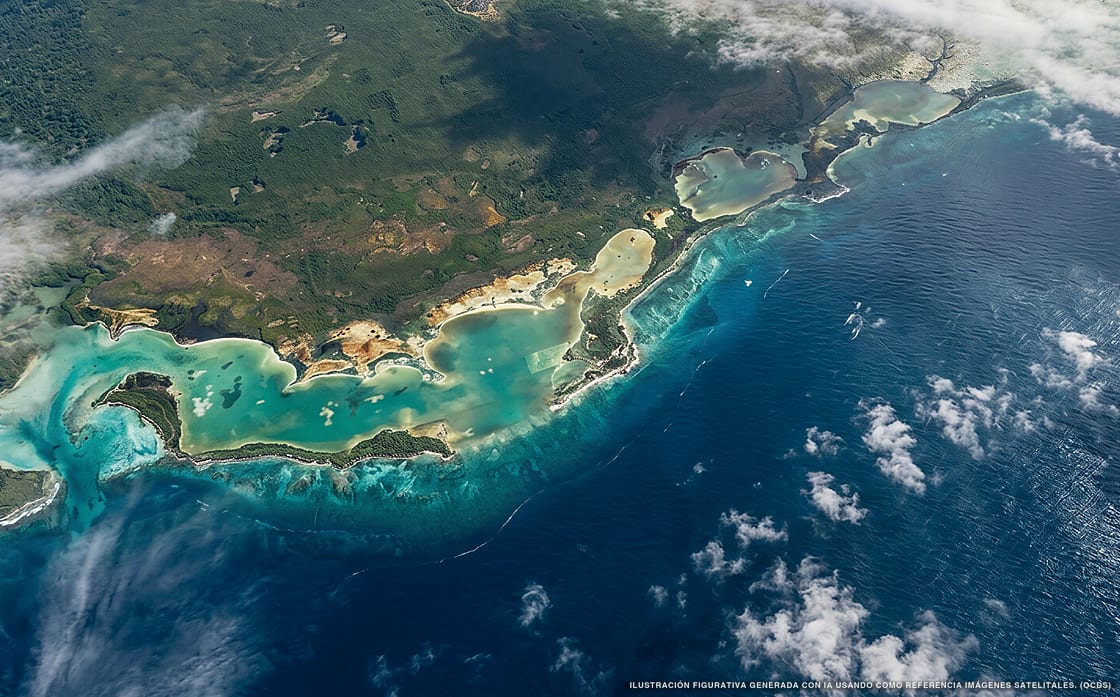 Illustrazione aerea della zona Sian Kaan, Caraibi messicani