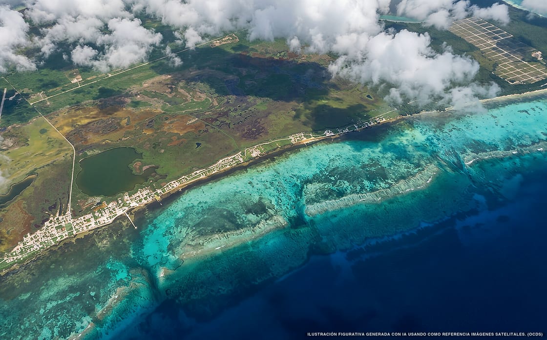 Illustration aérienne de la zone Xcalak, Caraïbes mexicaines