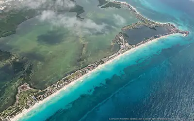 Ilustración aérea de la zona Cancún, Caribe Mexicano