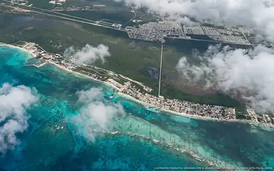 Ilustración aérea de la zona Puerto Morelos, Caribe Mexicano